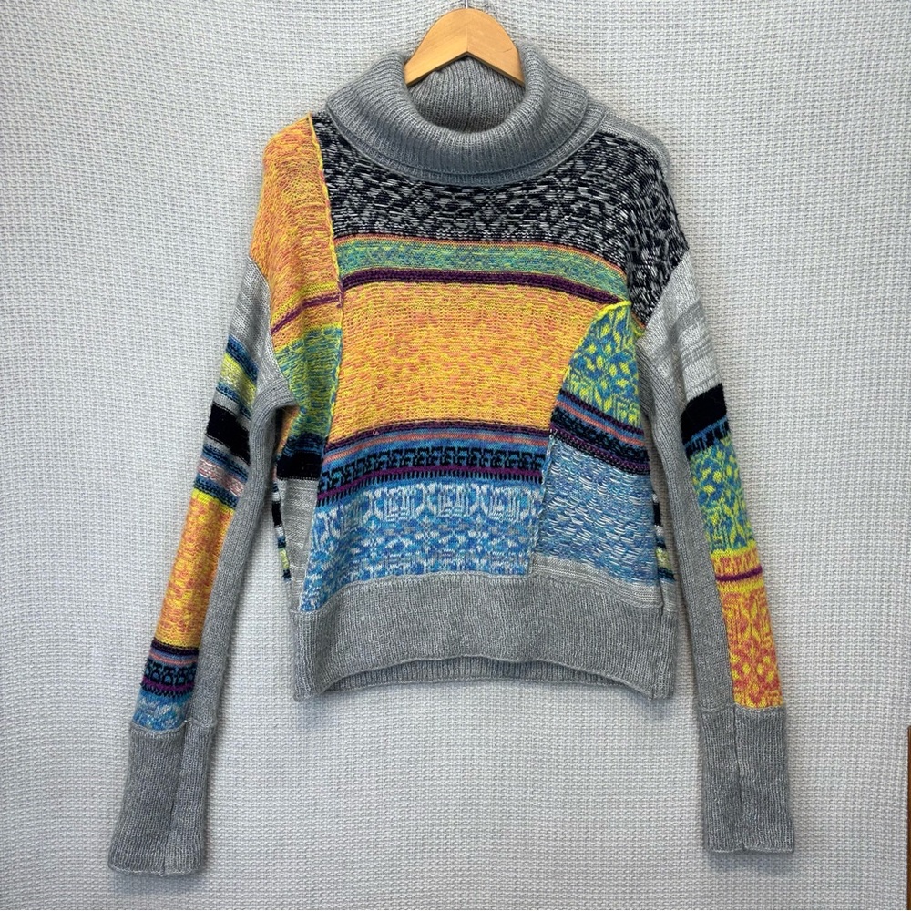Free People Turtleneck Sweater Womens Large Gray Patchwork Boxy This and That